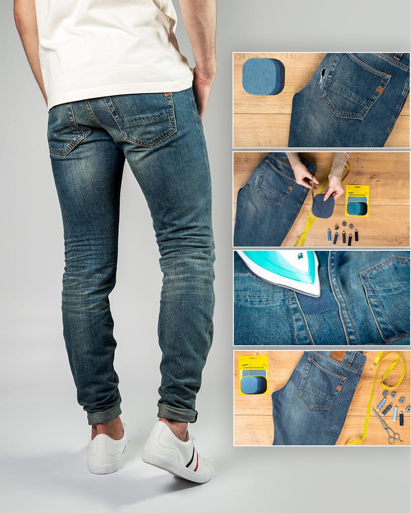 ZEFFFKA Denim Iron-on Jean Patches Inside & Outside Strongest Glue 100% Cotton Assorted Shades of Blue Black Repair Decorating Kit 10 Pieces Size 4-1/4" by 3-3/4" (9.8 cm x 10.8 cm) - Image 4