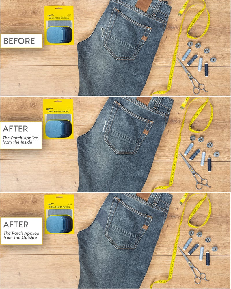 ZEFFFKA Denim Iron-on Jean Patches Inside & Outside Strongest Glue 100% Cotton Assorted Shades of Blue Black Repair Decorating Kit 10 Pieces Size 4-1/4" by 3-3/4" (9.8 cm x 10.8 cm) - Image 5