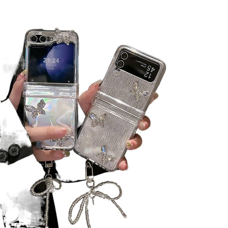 Protective Case | Cover for Samsung Galaxy Z Flip 6 | Clear | Acrylic | Hanging Chain | 3D Butterfly Pattern - Image 1