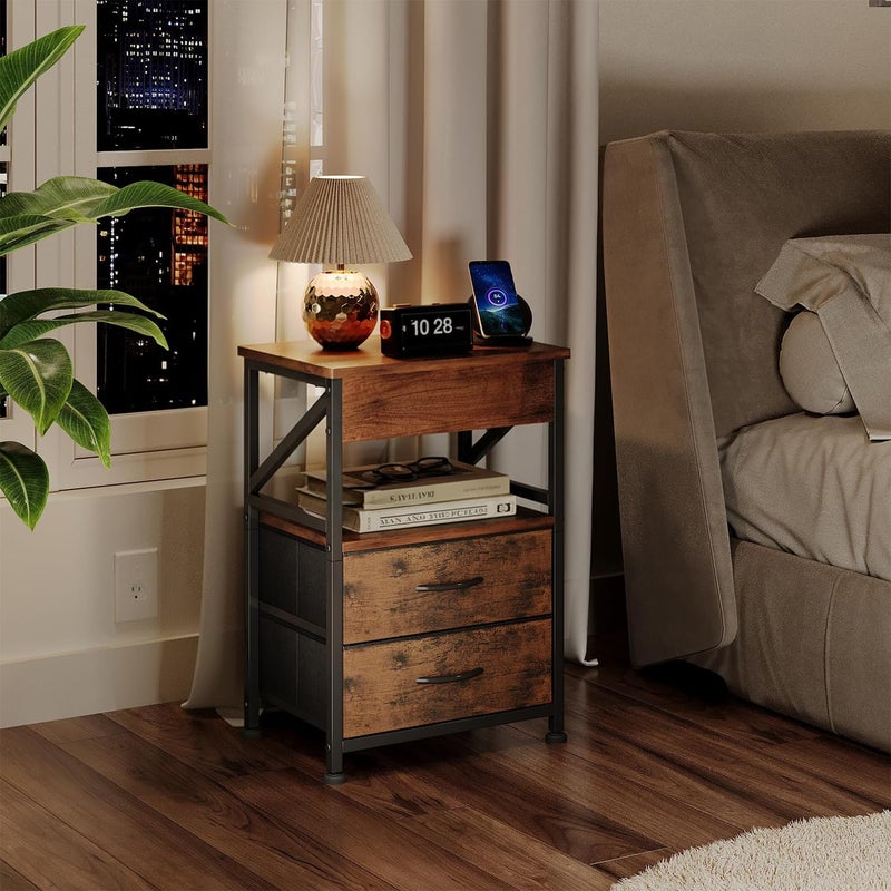 Bentifar Nightstand, Bedside/End/Side Table with 2 Fabric Drawers & Open Storage Shelf, Industrial Metal Frame, Wood Top, Space-Saving Bedroom & Living Room Furniture - Image 2
