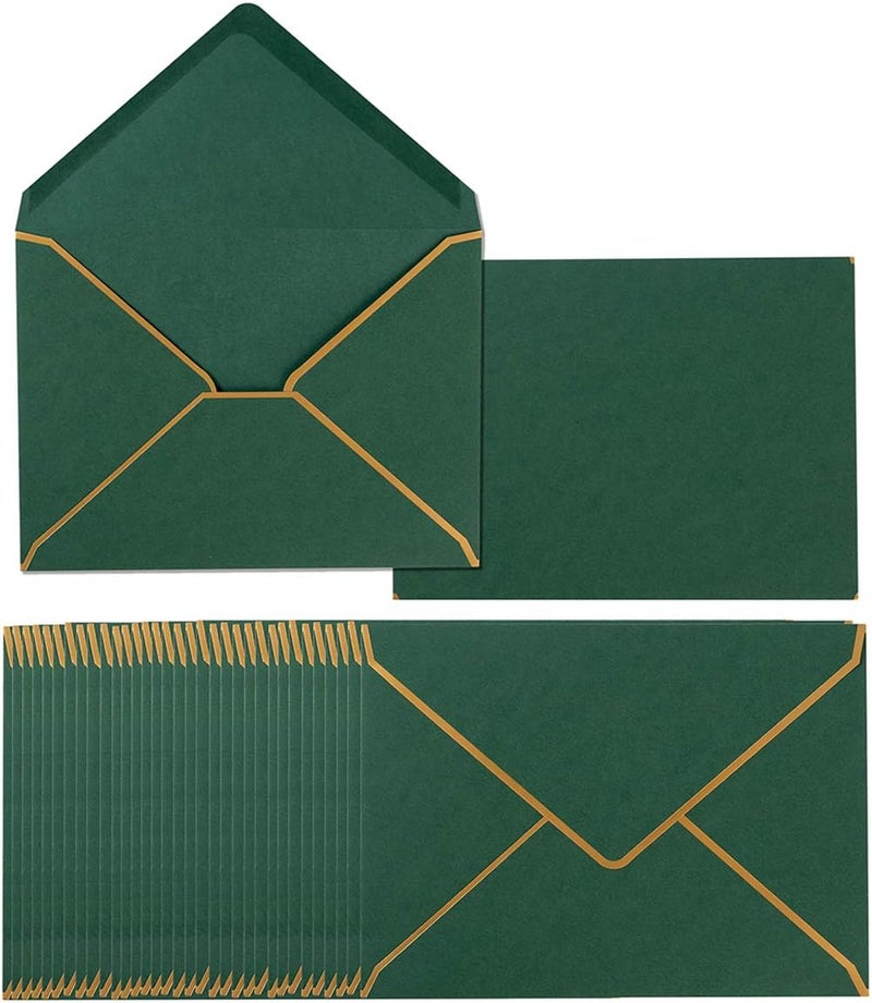 Homtable 50 Pack A7 Envelopes Dark Green 5 x 7 Self-Adhesive V Flap Envelopes with Gold Border for Office, Greeting Card, Wedding, Graduation, Baby Shower, Parties, Invitations (Dark Green, 5x7) - Image 1