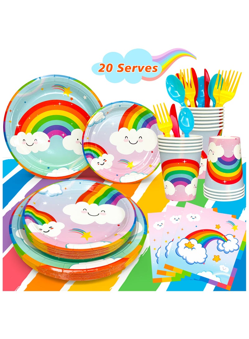FRUITFUL PARTY Rainbow Disposable tableware for 20 Guests, 141Pcs Muilticolour Rainbow Party Plates Set for Rainbow Themed Birthday Party - Image 1