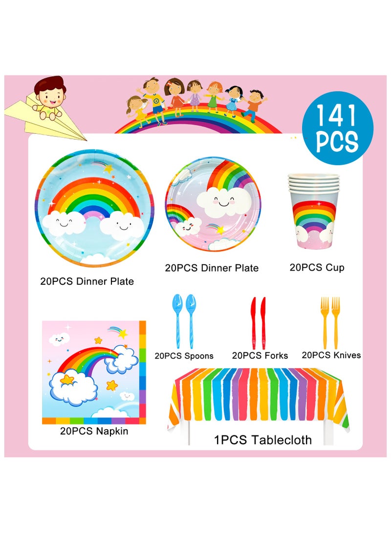 FRUITFUL PARTY Rainbow Disposable tableware for 20 Guests, 141Pcs Muilticolour Rainbow Party Plates Set for Rainbow Themed Birthday Party - Image 2
