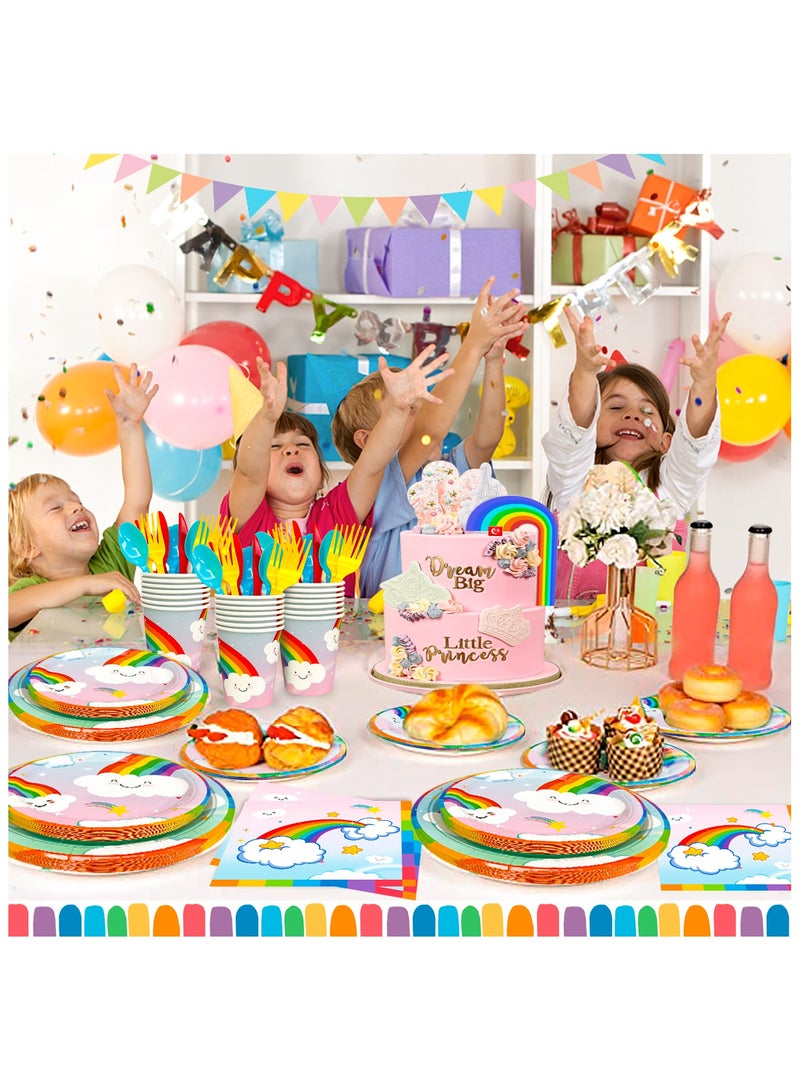 FRUITFUL PARTY Rainbow Disposable tableware for 20 Guests, 141Pcs Muilticolour Rainbow Party Plates Set for Rainbow Themed Birthday Party - Image 5