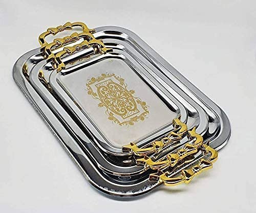 VICHAXAN Vichaxan Multipurpose Stainless Steel Serving Tray/Platter with Golden Design and Handle | Ideal for Home Decor and Festivals | Special Tea and Water Tray | Set of 3 Trays (Silver, Gold)  - Image 2