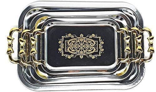 VICHAXAN Vichaxan Multipurpose Stainless Steel Serving Tray/Platter with Golden Design and Handle | Ideal for Home Decor and Festivals | Special Tea and Water Tray | Set of 3 Trays (Silver, Gold)  - Image 4