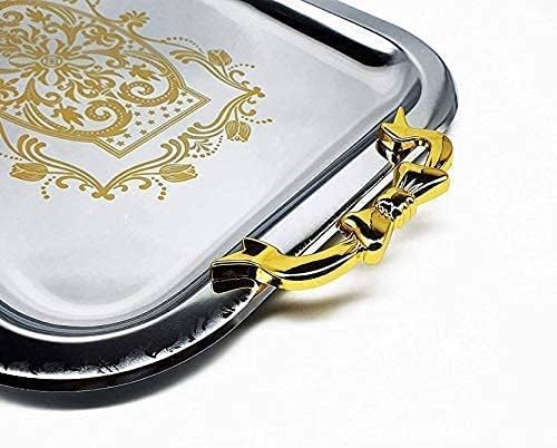 VICHAXAN Vichaxan Multipurpose Stainless Steel Serving Tray/Platter with Golden Design and Handle | Ideal for Home Decor and Festivals | Special Tea and Water Tray | Set of 3 Trays (Silver, Gold)  - Image 3