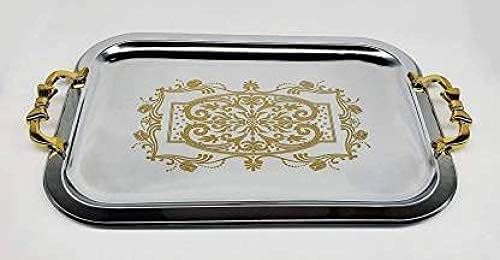 VICHAXAN Vichaxan Multipurpose Stainless Steel Serving Tray/Platter with Golden Design and Handle | Ideal for Home Decor and Festivals | Special Tea and Water Tray | Set of 3 Trays (Silver, Gold)  - Image 5