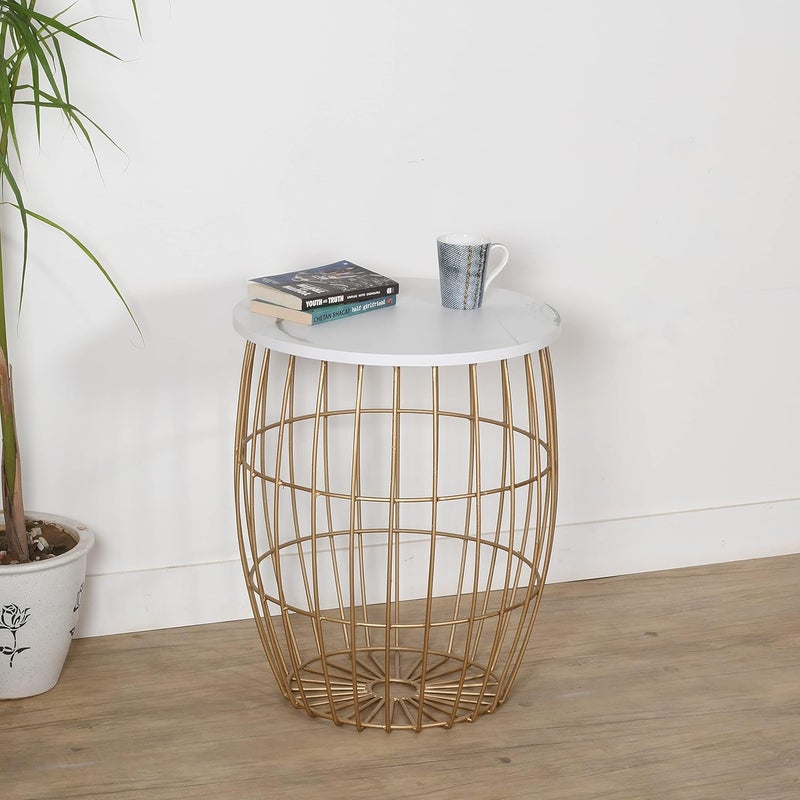 Priti - Round Golden Coffee Table for Living Room Central Table- Golden - White Laminated Marble Table top - Image 1