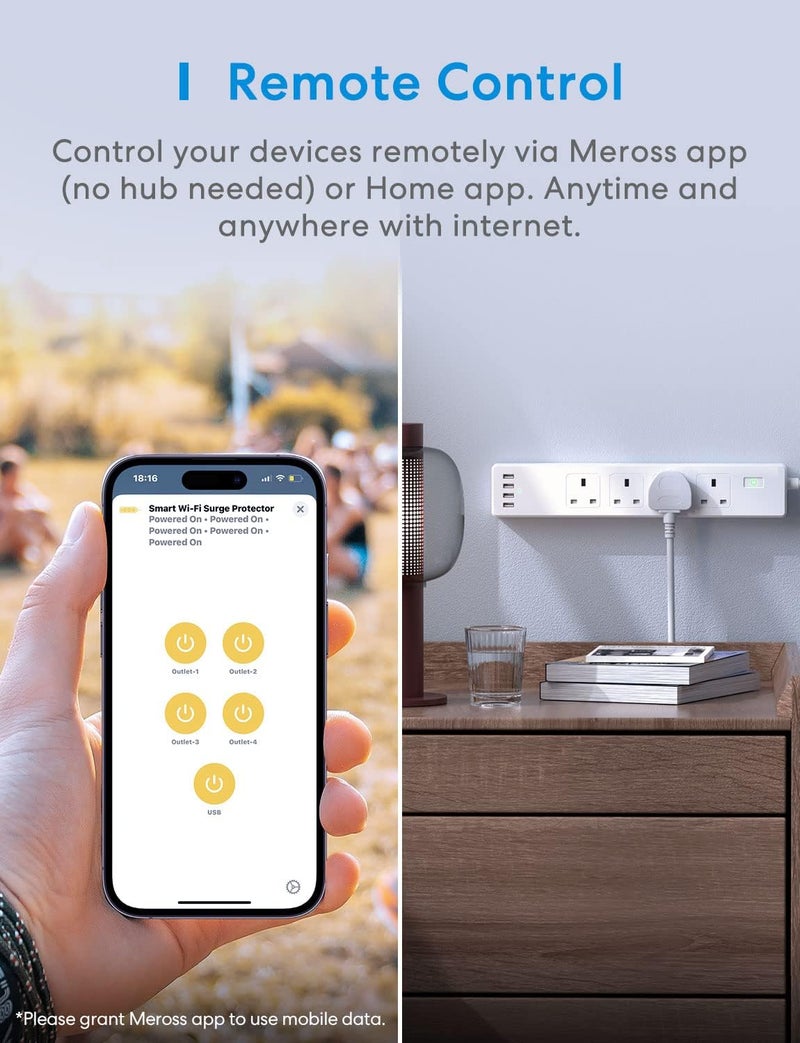 Meross Smart Power Strip, Smart Extension Lead with 20W USB Ports, Compatible with Apple HomeKit, Amazon Alexa, Google Home, and SmartThings, Timer and Voice/Remote Control, 2.4GHz WiFi - Image 4