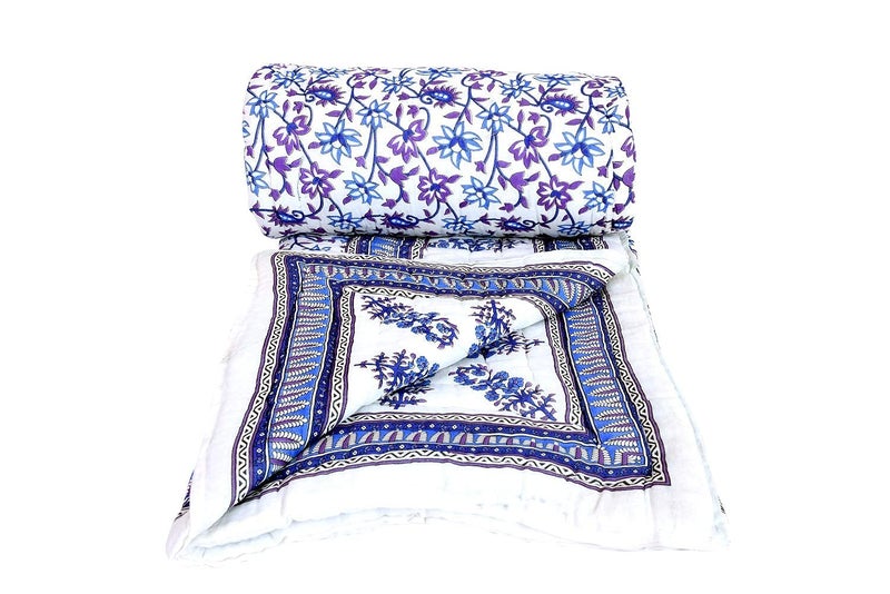 SVT Traditional Famous Rajasthani Print Jaipuri Beautiful Floral Print in Multi Blue and Purple in mughal Print Jaipuri Rajai/Razai/Quilt Twin Size/Twin Size Bed Quilt/Comforter/AC Quilt/AC Comforter - Image 3