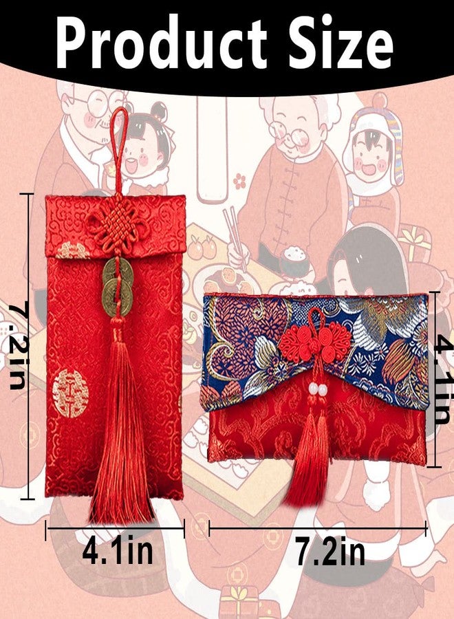 BINBE 12 Pieces Silk Red Envelope Chinese Red Pocket Lucky Money Hong Bao Card Envelope for Spring Festival Wedding New Year Birthday, 12 Styles with Chinese Knot Jade Pendant Copper Coin - Image 2