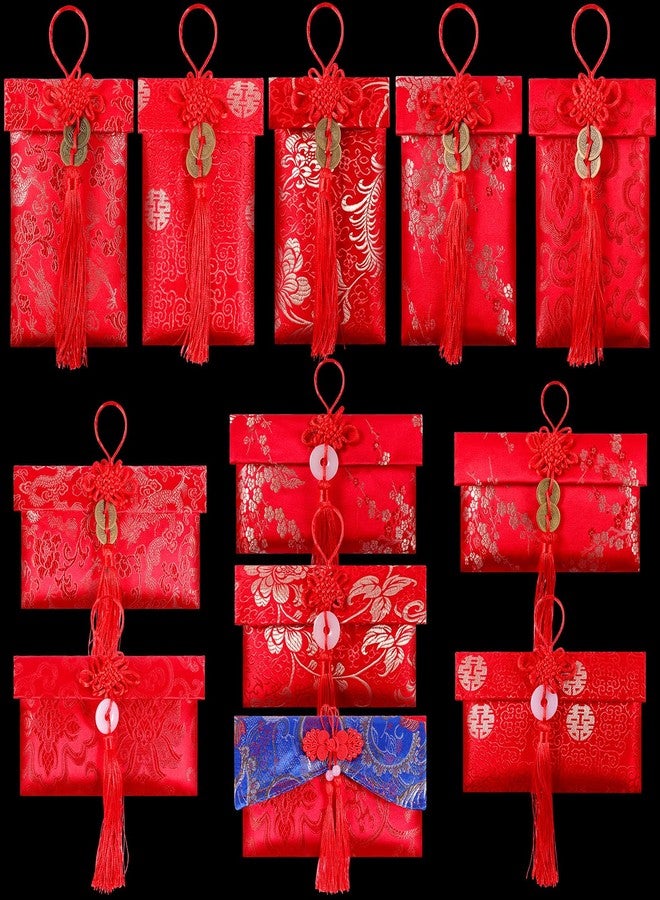 BINBE 12 Pieces Silk Red Envelope Chinese Red Pocket Lucky Money Hong Bao Card Envelope for Spring Festival Wedding New Year Birthday, 12 Styles with Chinese Knot Jade Pendant Copper Coin - Image 1