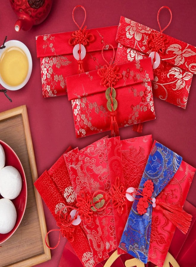 BINBE 12 Pieces Silk Red Envelope Chinese Red Pocket Lucky Money Hong Bao Card Envelope for Spring Festival Wedding New Year Birthday, 12 Styles with Chinese Knot Jade Pendant Copper Coin - Image 4