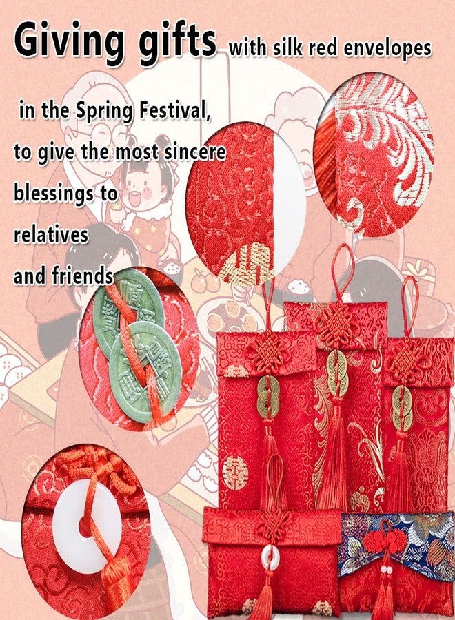 BINBE 12 Pieces Silk Red Envelope Chinese Red Pocket Lucky Money Hong Bao Card Envelope for Spring Festival Wedding New Year Birthday, 12 Styles with Chinese Knot Jade Pendant Copper Coin - Image 3
