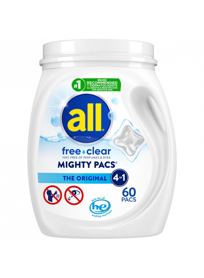 All Mighty Pacs Laundry Detergent, Free Clear for Sensitive Skin, Tub, 60 Count - Image 1