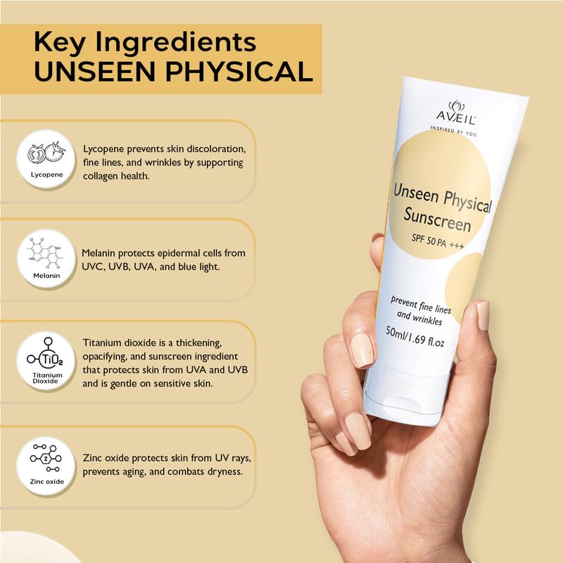 AVEIL Unseen Physical Sunscreen SPF 50 PA   50ml  UVA UVB  Blue Light Protection  No White Cast  Water  Sweat Resistant  Hydrating Sunscreen  Prevents Fine Lines  Wrinkles  Pack of 1 - Image 2