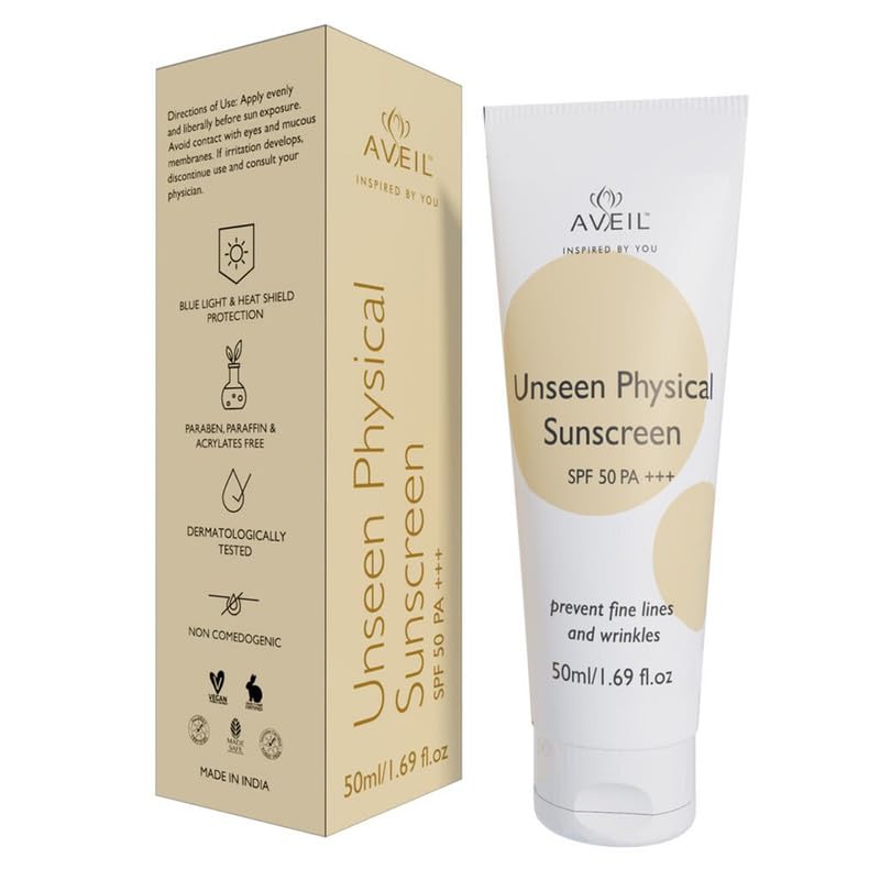 AVEIL Unseen Physical Sunscreen SPF 50 PA   50ml  UVA UVB  Blue Light Protection  No White Cast  Water  Sweat Resistant  Hydrating Sunscreen  Prevents Fine Lines  Wrinkles  Pack of 1 - Image 1