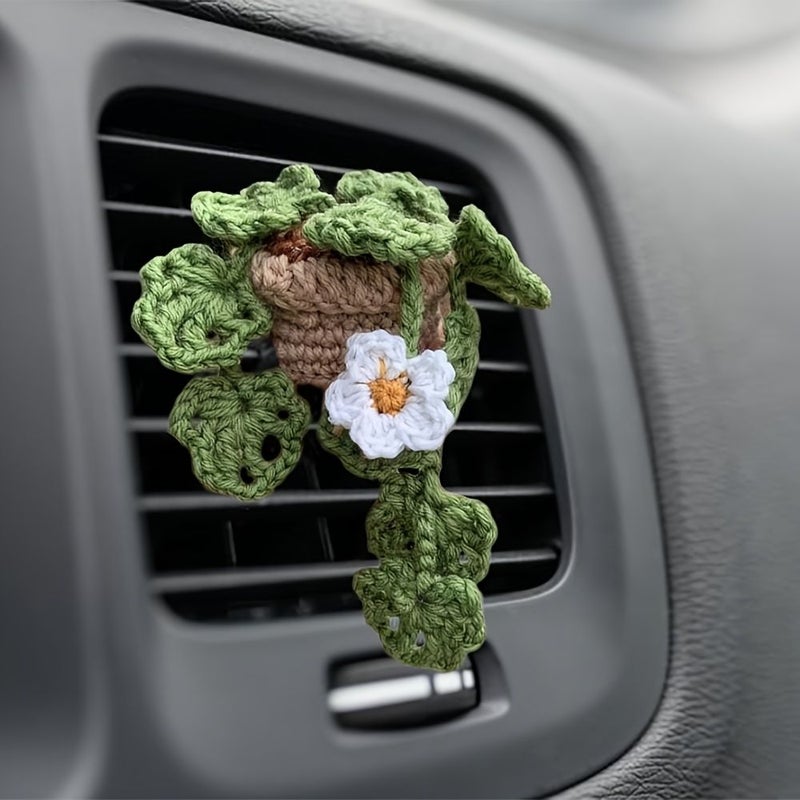 Handmade Crochet Green Leaves Plant Car Vent Clip Women Car Accessories Decorative Ornament - Image 3