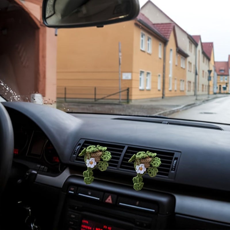 Handmade Crochet Green Leaves Plant Car Vent Clip Women Car Accessories Decorative Ornament - Image 4