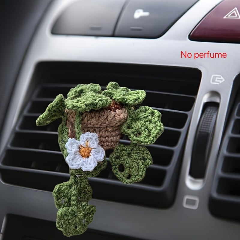 Handmade Crochet Green Leaves Plant Car Vent Clip Women Car Accessories Decorative Ornament - Image 1