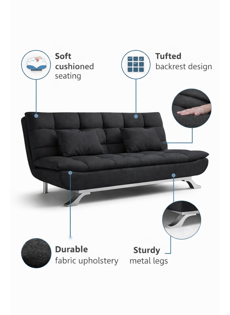 Harmony Home Leather Fabric Sofa  Bed – Modern Folding Convertible Sofa Bed with Pillow, Compact Space-Saving Design for Living Room, Apartment, Dorm & Office - Black - Image 2