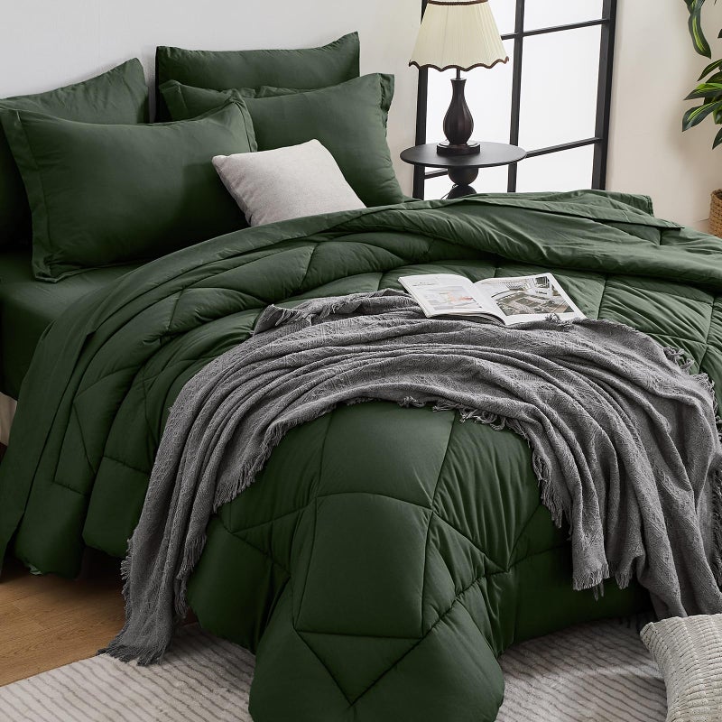 HEVUMYI Army Green Queen Comforter Set - 7-Piece All Season Bed in a Bag Queen, Ultra Soft Bedding Set with Comforter, Flat Sheet, Fitted Sheet, Pillowcases, Pillow Shams - Image 1