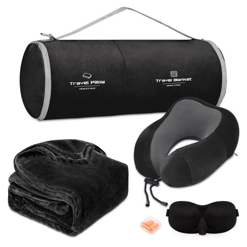 urnexttour Travel Pillow and Blanket Set Neck Pillows Travel Essentials with Sleep Mask for Airplane Car Memory Foam Black - Image 1