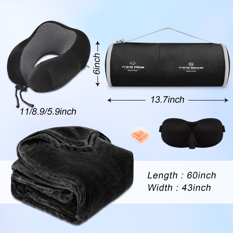 urnexttour Travel Pillow and Blanket Set Neck Pillows Travel Essentials with Sleep Mask for Airplane Car Memory Foam Black - Image 3