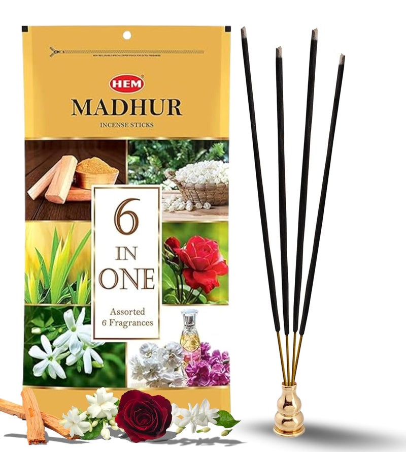 HEM Madhur Incense Sticks 6in1 Assorted Fragrances Sandal Mogra Jasmine Kewda Rose Intimate Long Burning Time 3540 Minutes Zip Pouch Packaging Approx 184 Sticks Pack of 2 480g - Image 1
