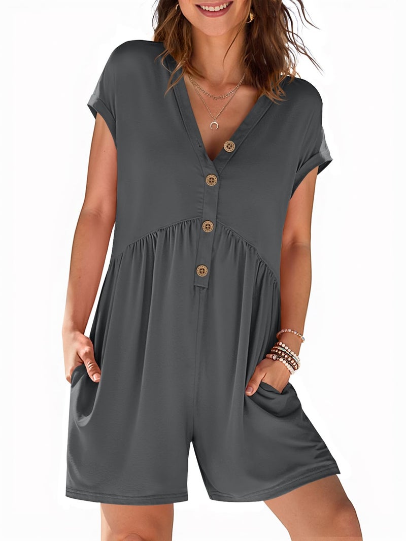 MEROKEETY Womens Romper Summer 2026 Casual Cap Sleeve V neck Button Short Jumpsuit Beach Vacation Outfits with Pockets, Charcoal, Medium - Image 1