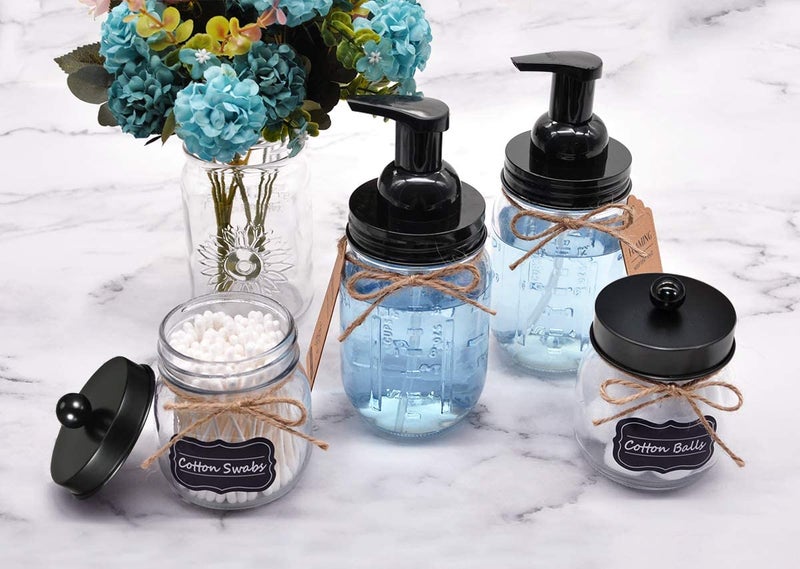 Amolliar Mason Jar Foaming Soap Dispenser Pump, Plastic Foam Soap Pump Rustproof Stainless Steel Lid, Refillable Hand Soap, Waterproof Labels, Cute Farmhouse Decor, Bathroom Accessories, Black 2 Pack - Image 5