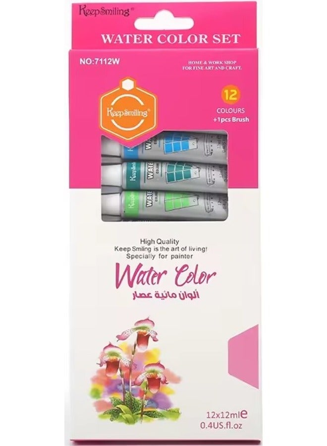 Keep Smiling HS-7112W Premium Water Color Paint Set With 12 Tubes Multicolour 12x12ml With Brush - Image 1