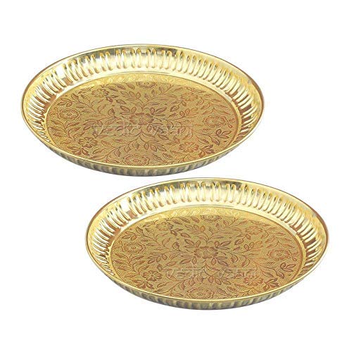Shoro Set of 2 Handmade Brass Puja Thali with Flower Emossed DesignBrass Pooja Plate for Home Office Decoration Gifting Size6 Inch - Image 1