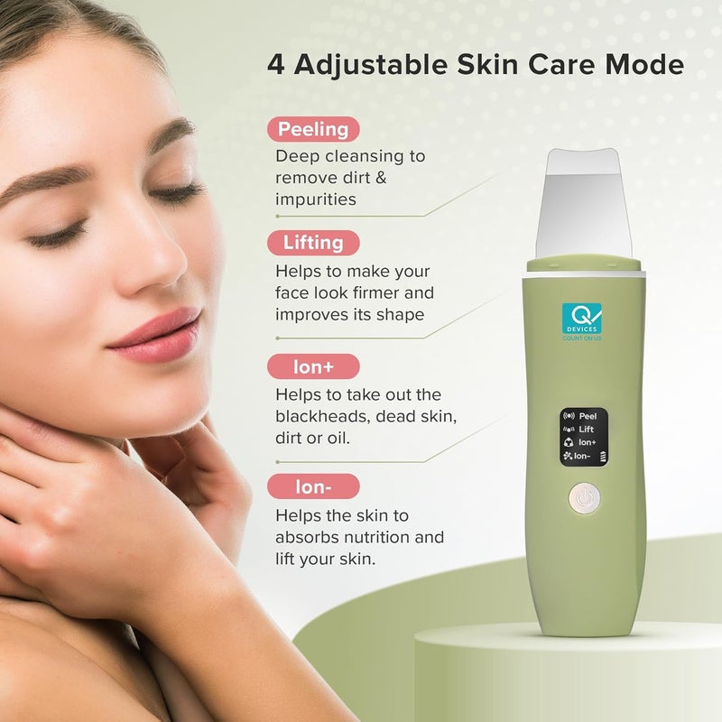 Q DEVICES Ultrasonic Facial Skin Scrubber 4 Modes Blackhead Remover Facial Pores Cleaner Stainless Steel Spatula Extractor Tip Silicone Covers Rechargeable - Image 3