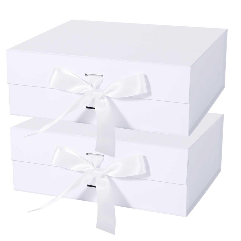 LFBOX White Gift Box with Ribbon Magnetic Lids 10.2x9x3.74 in, Christmas Gift Boxes Bridesmaid Groomsman Proposal Boxes, Wedding Storage Box 2 Pack - Image 1