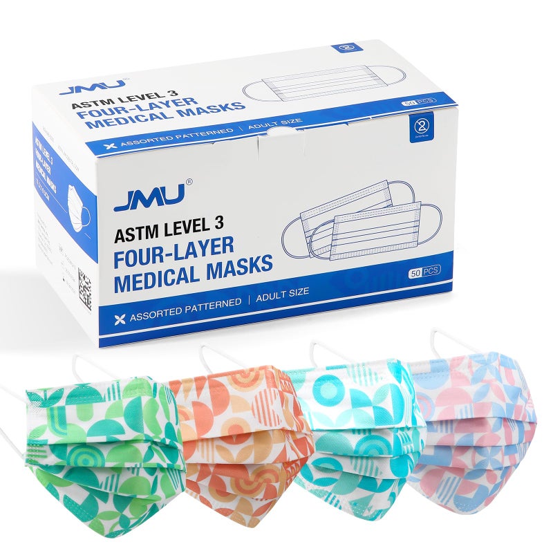 JMU 50 Pack Multicolor Disposable Face Masks, 4-Ply ASTM Level 3 Medical Face Masks for Adults - Image 1