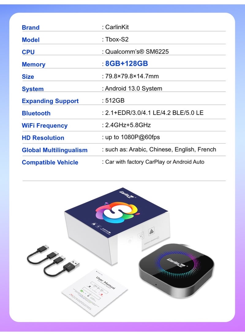 CarlinKit Smart TV Box 8GB+128GB Android 13 Aluminum Glass Box Wireless Android Auto Built-in GPS Play Store For Netflix YouTube For OEM Cars