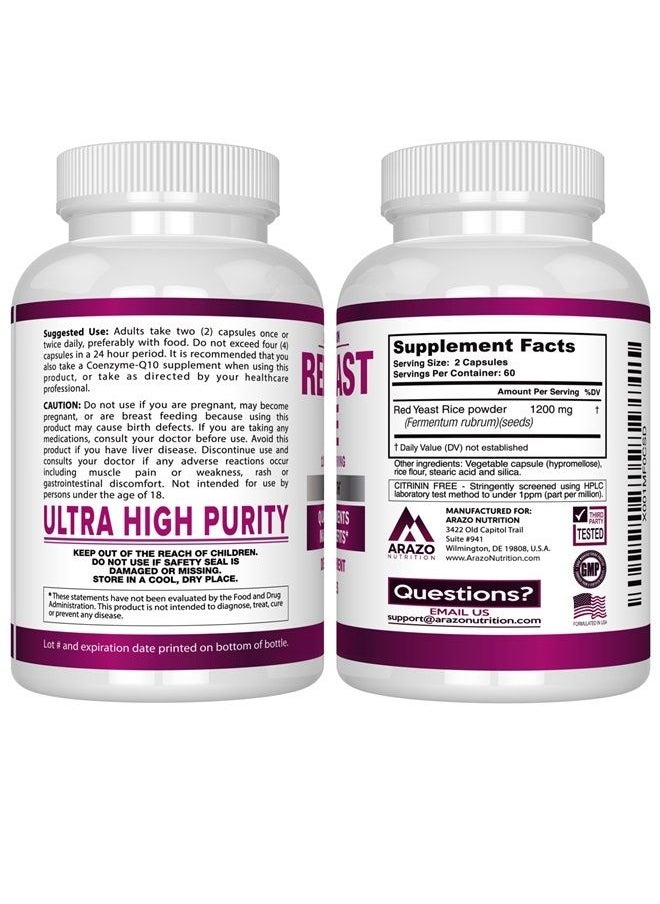 Arazo Nutrition Red Yeast Rice Extract 1200mg – Citrinin Free Supplement – Vegetarian 120 Capsules  - Image 3