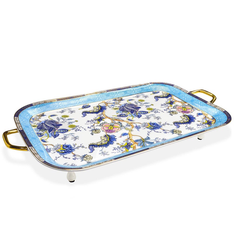 ACMLIFE Tea Serving Tray Set 21 Inches Bone China Tray With Handles Blue Fine Ceramic Decorative Platter With Golden Rim for Tea Sets Living Room Gift