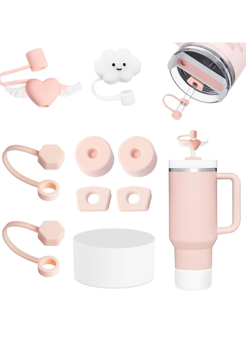 RTYY مجموعة ملحقات كأس ستانلي تشمل 6 قطع من سدادات السيليكون المقاومة للانسكاب، 2 قطعة من غطاء القش لأشواط 9-10 ملم، 1 قطعة من غلاف سيليكون شفاف لكأس ستانلي سعة 40 أونصة و30 أونصة (وردي) - Image 1