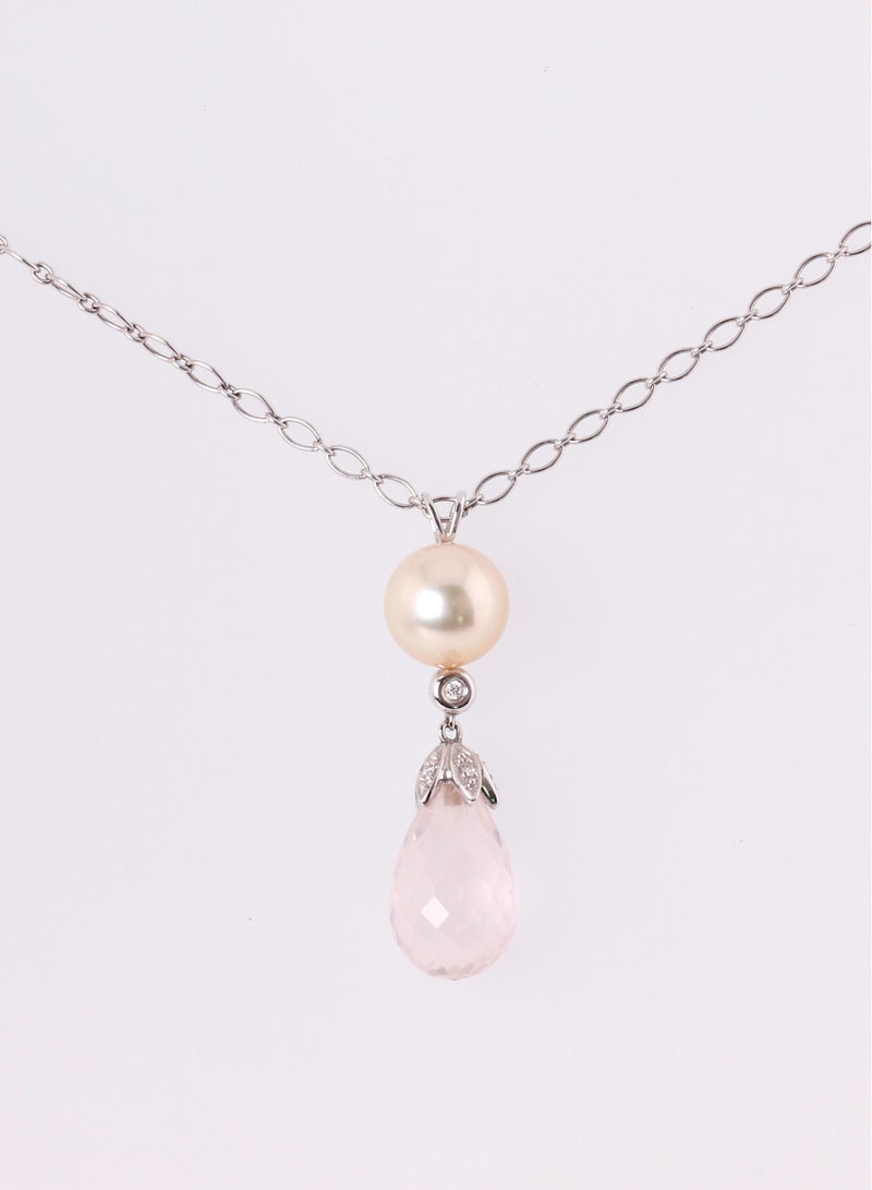 MIKURA Pendant Chain, Japanese Akoya Pearls, A Quality, Treated Golden Color, 9.0-8.5MM, 18KW, 4D, 1 Rose Quartz  - Image 1