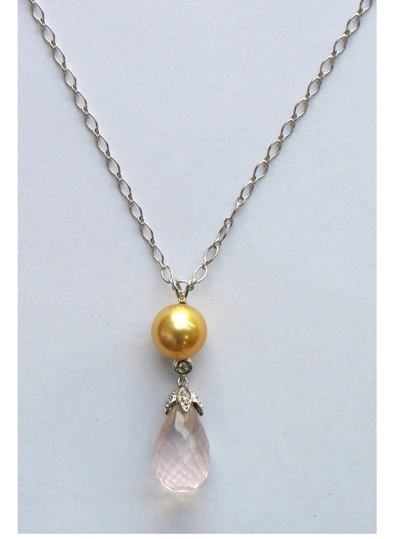 MIKURA Pendant Chain, Japanese Akoya Pearls, A Quality, Treated Golden Color, 9.0-8.5MM, 18KW, 4D, 1 Rose Quartz  - Image 2