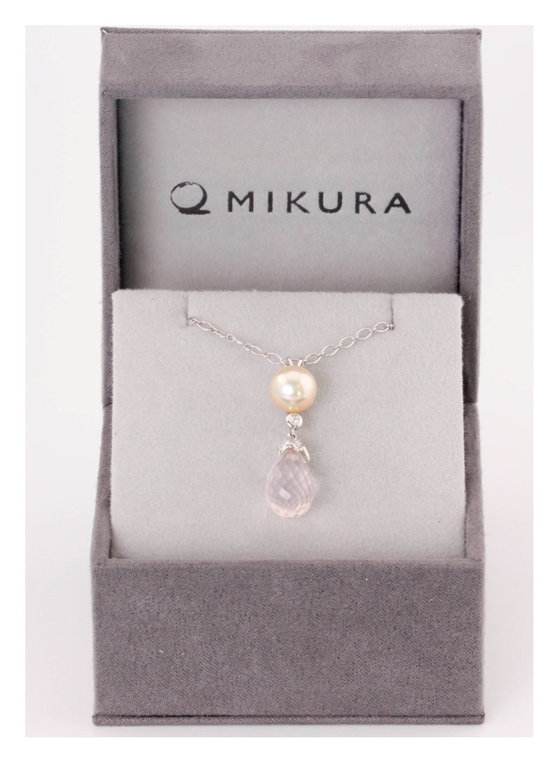 MIKURA Pendant Chain, Japanese Akoya Pearls, A Quality, Treated Golden Color, 9.0-8.5MM, 18KW, 4D, 1 Rose Quartz  - Image 3