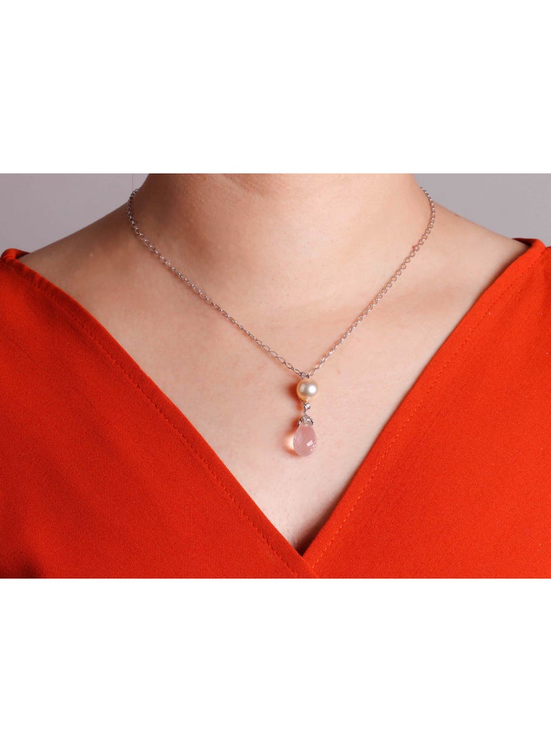 MIKURA Pendant Chain, Japanese Akoya Pearls, A Quality, Treated Golden Color, 9.0-8.5MM, 18KW, 4D, 1 Rose Quartz  - Image 4