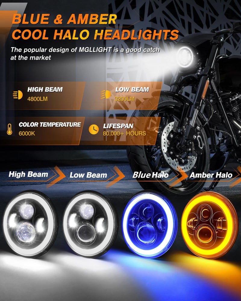 MGLLIGHT 7 Inch Blue Halo LED Headlight with High/Low Beam for Motorcycles - Image 2