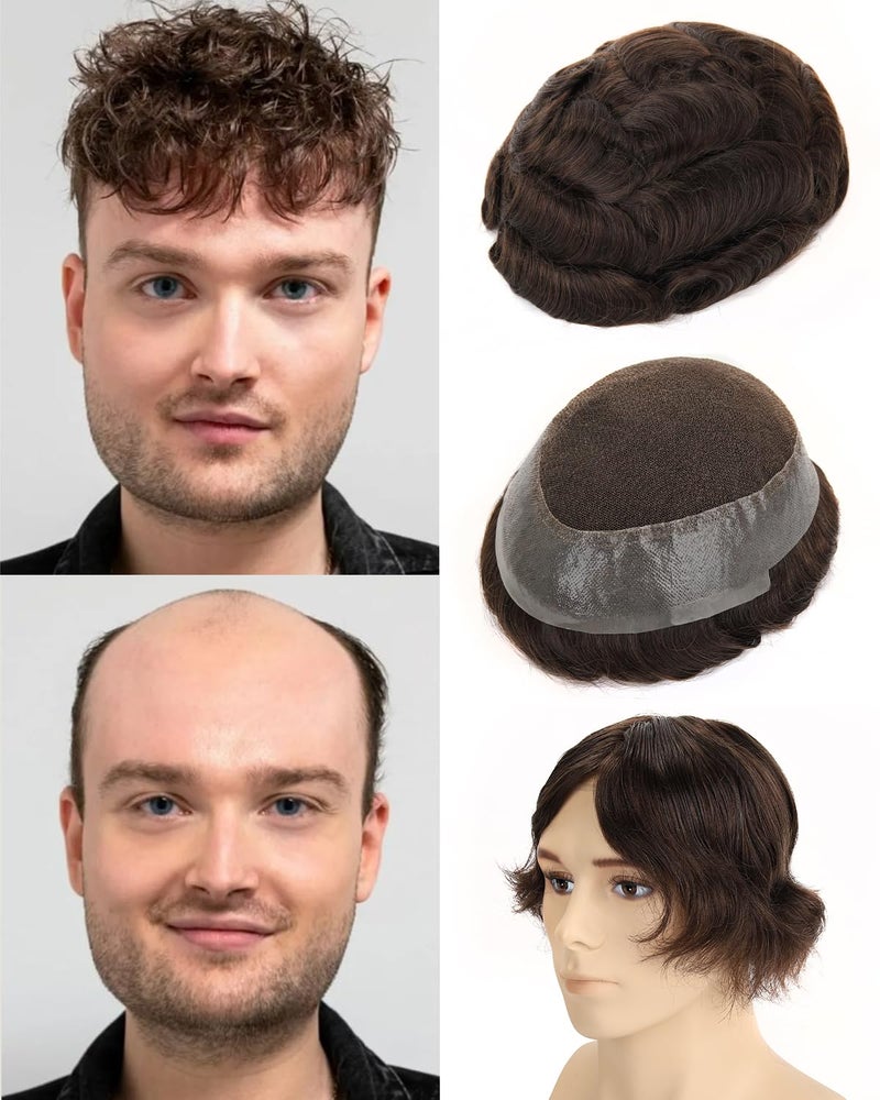 BEEOS Australia Toupee Hair for Men, 8x10 Inch Lace Top with Thin Skin Around Base Mens Indian Remy Human Hair Replacement System Natural Hairline Mens Wig #3 Dark Brown - Image 1