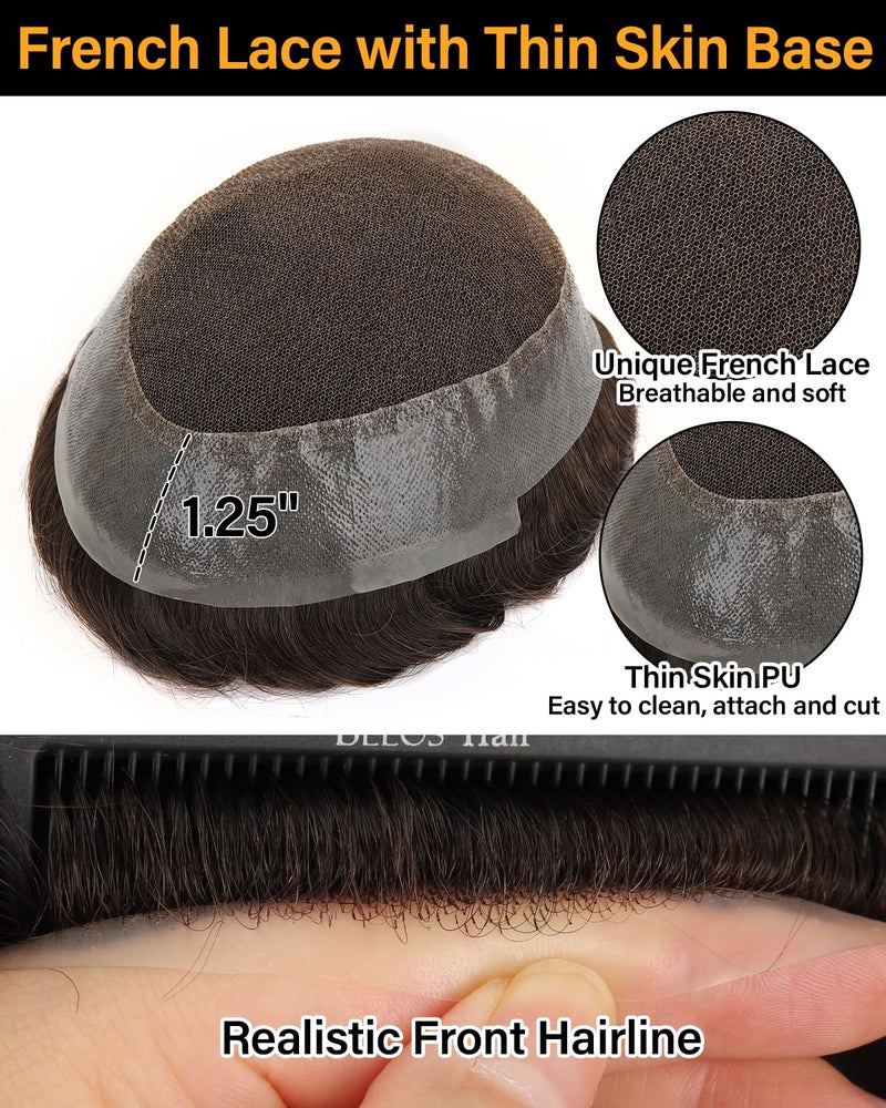 BEEOS Australia Toupee Hair for Men, 8x10 Inch Lace Top with Thin Skin Around Base Mens Indian Remy Human Hair Replacement System Natural Hairline Mens Wig #3 Dark Brown - Image 2