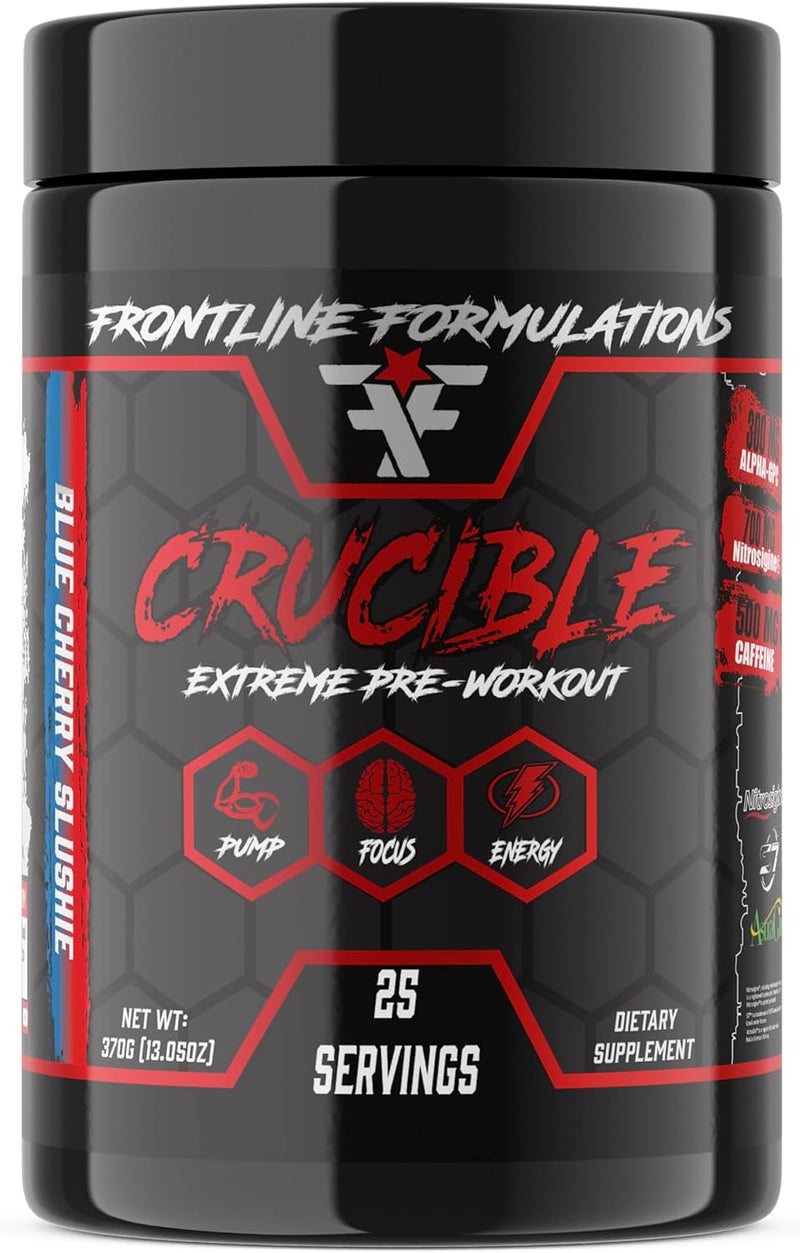 FRONTLINE FORMULATIONS Crucible PreWorkout Powder Explosive Workouts Laser Focus High Stim Amazing Flavor Veteran Owned and Operated 25 Servings Blue Cherry Slushie - Image 1