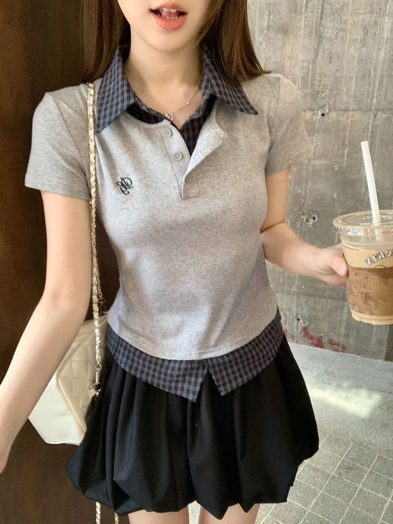 [40 210G Cotton] Embroidered Plaid Stitching Short Sleeve T-Shirt Summer College Style Polo Collar Fake Two-Piece Jacket - Image 1
